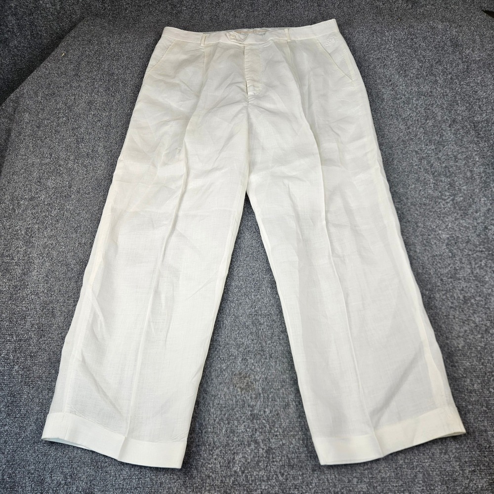 Steve Harvey Mens White 100% Linen Pleated Dress Pants 38 Crown Logo Trousers